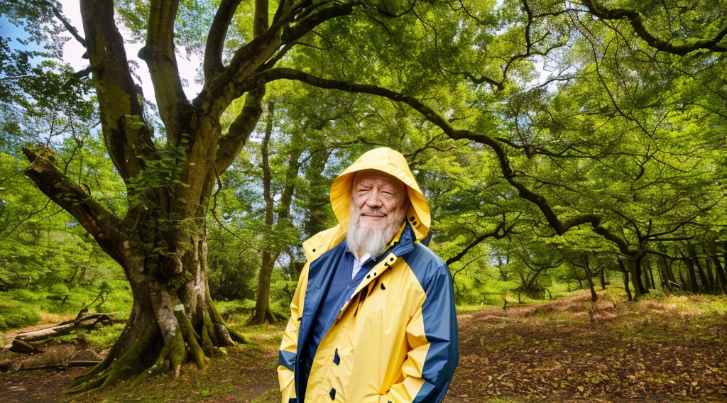 an old fisherman in a yellow raincoat standing in front of forest, green trees, sunny day