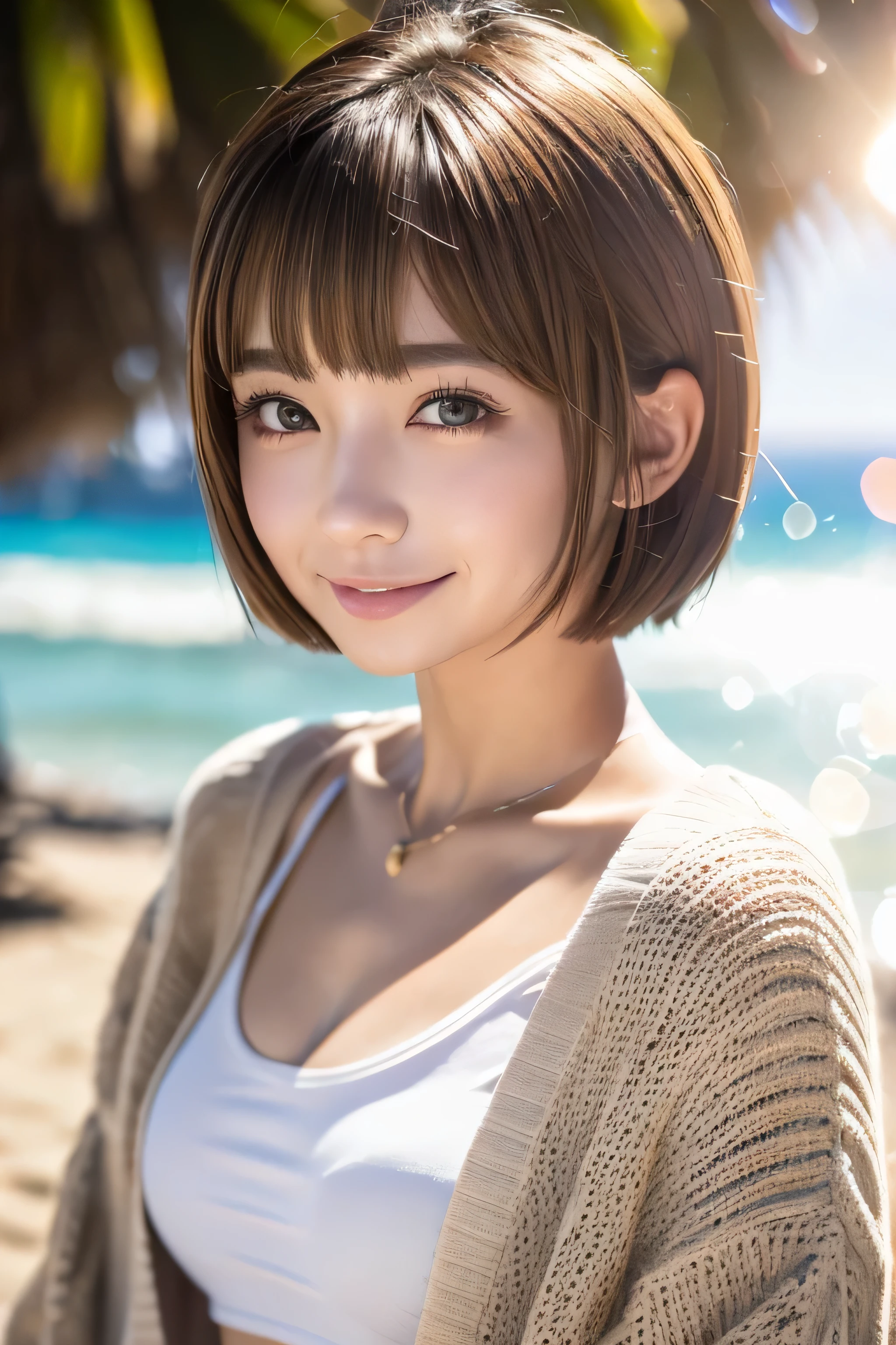 ((swimsuit、No makeup、G cup、big breasts、silver necklace、close your mouth:1.2))、(realistic、Photoreal、super detailed、best detailed skins、highest quality、masterpiece、超A high resolution)、cute russian woman、17 years old、high school girl、young girl、1 girl、have bangs、ash blonde:1.7、double eyelid、drooling eyes、Japanese style face、purity、double teeth、realistic skin type、(I cut my hair short、Shaggy cut cardigan that bounces outwards:1.2).fluffy hair、red cheeks、Lighting from behind、I went to the beach in the middle of winter lol Waikiki Beach in Hawaii、In a gingham checked bikini、With a smile、((Lens flare:1.3))、Because I come from a snowy country、It&#39;s so hot www？It&#39;s time to take it off？