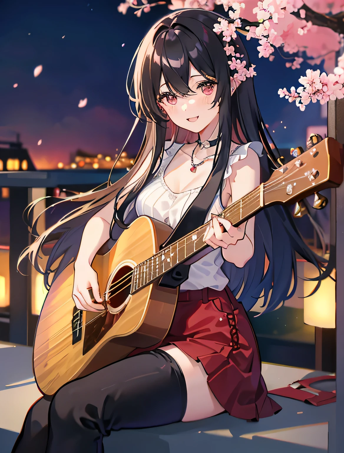 (Playing acoustic guitar)、night、Black hair with red Messi、a young girl，Dressed in sexy grunge jeans clothes，wear long boots，cherry blossoms、with necklace，cherry blossomsの下に座る，ultra high resolution