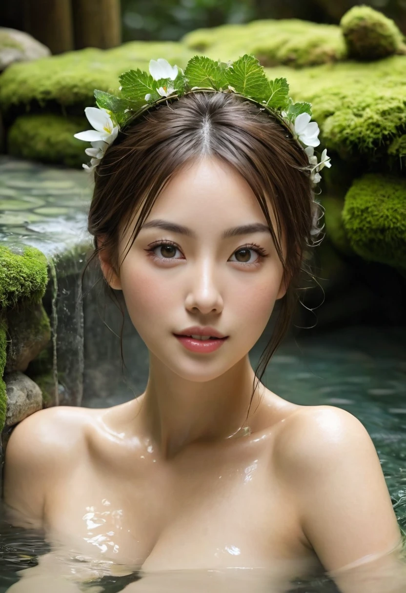 Mejor calidad, obra maestra, ultra high resolution, 26-year-old supermodel takes a thermal bath in Japan, aguas termales al aire libre, aguas termales de piedra, surrounded by moss and trees, super beautiful face, cuerpo puro, poros claramente visibles, (sonrisa:0.8), Use prendas separadas (Diadema de encaje:1.2), (realism:1.5), Foto original, cuerpo mojado, cubierto en sudor, hombros descubiertos, Pechos reales perfectos，escote obvio，centrarse en los senos expuestos，(((retrato de la parte superior del cuerpo，encima del ombligo，Piel blanca como la nieve y tierna.)))，En la oscuridad, sombras profundas, Perfil bajo, cold light((Mejor calidad)), ((obra maestra)), (detallado), cara perfecta