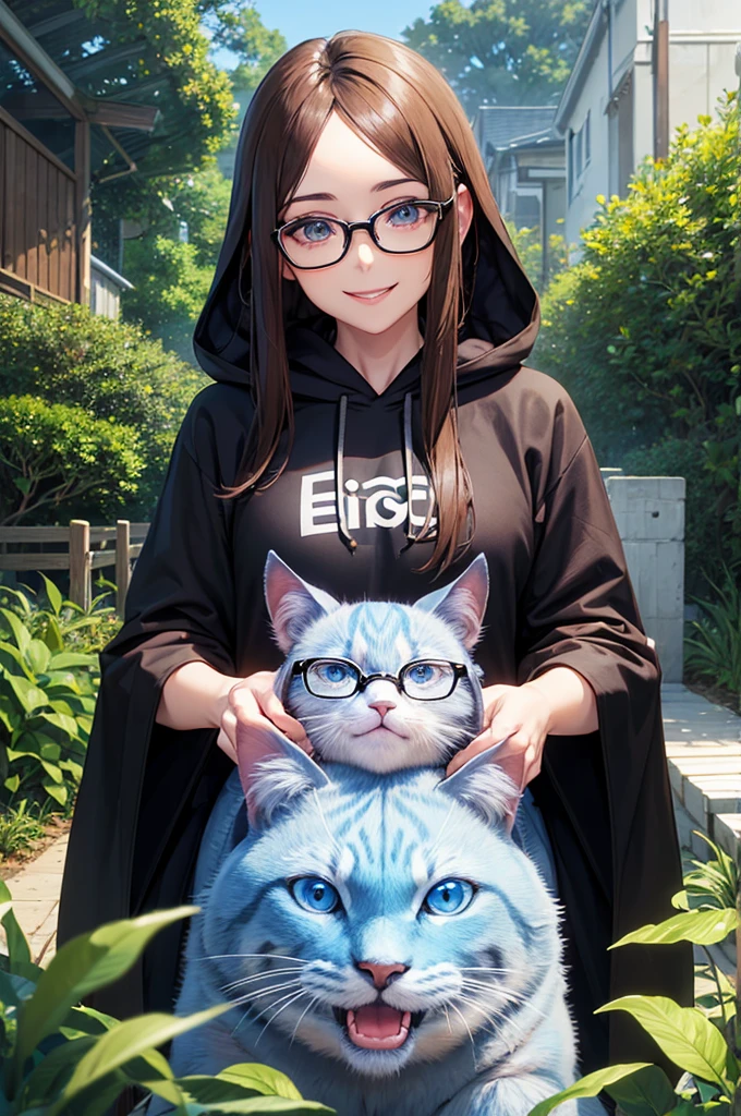 Middle-aged woman in anime style (brown shoulder-length hair, blue eyes, clear forehead, black glasses, smiling, black hoodie, jeans) with cute cat-like fantasy animal in fantastic jungle world
