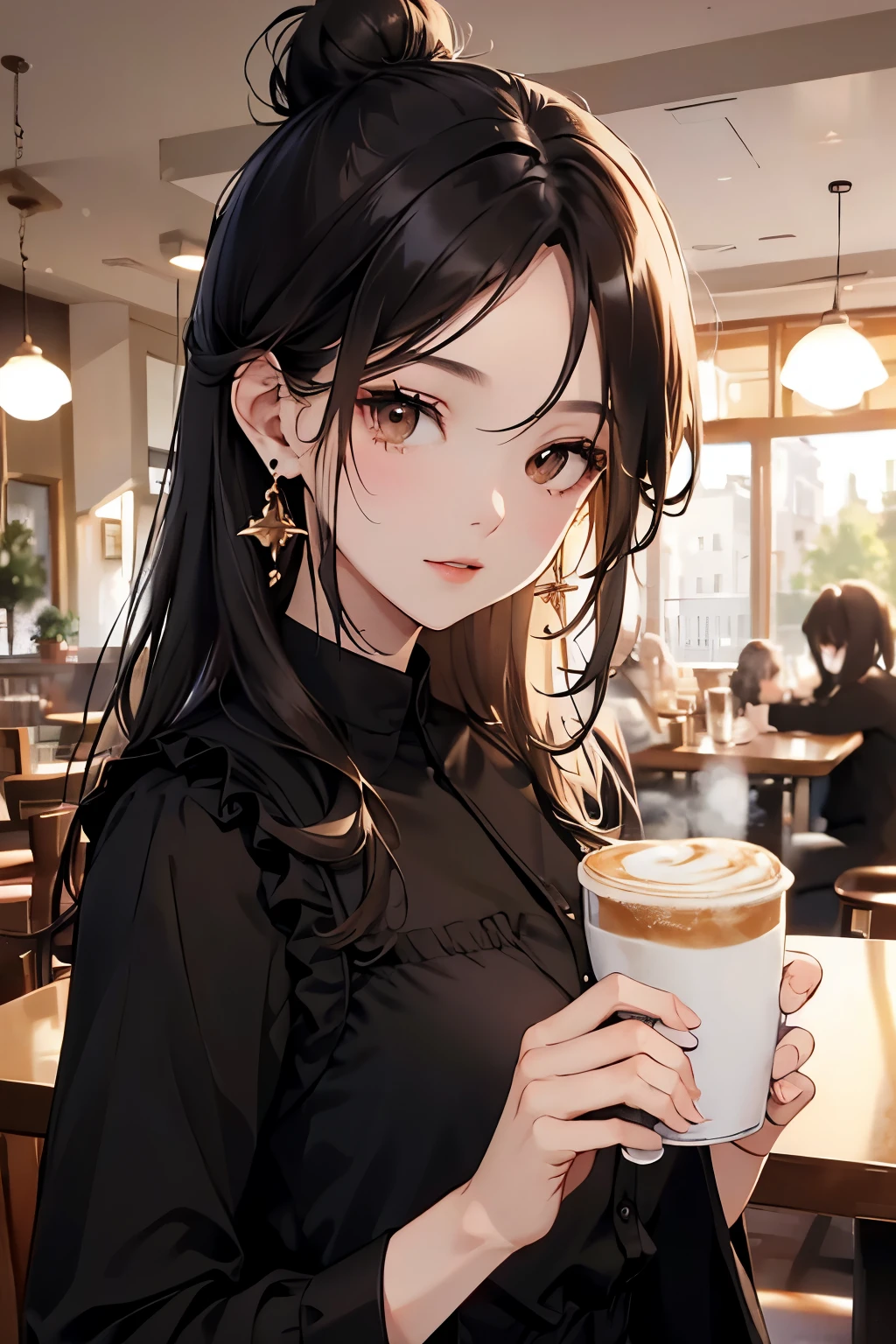 best quality, highres,Slender、brown eyes、tall、black hair、（forehead:1.3)、(semi-long:1.3),bun hair、(Cafe:1.4)、No sleeve、(black blouse:1.3)、cardigan、earrings
