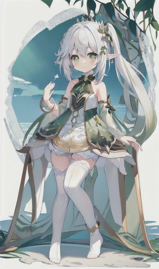 (white background: 1.4), (Chibi: 1.2),
masterpiece, highest quality,
alone, ((very delicate and beautiful girl)),(full body: 1.2), elf ears, hair ornaments, Missing hair, short hair, light green eyes, Medium chest, , Silver hair standing up,,(white_Thighhighs),holding,close your mouth,
fantasy, (Surrounded by ocean waves), Nahida, naked, completely naked,