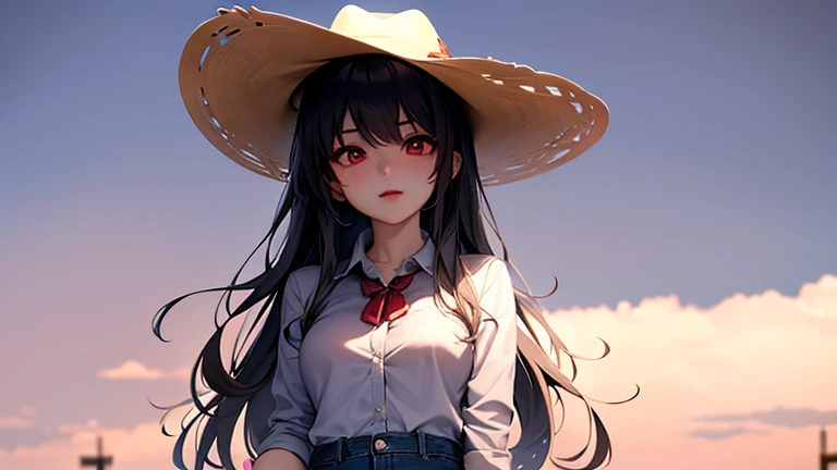 A western anime cowgirl, cowgirl,outdoors,shorts, cowboy hat, western midnight sky, epmty area, sand, denim clothing, sandy, perfect anime quality, masterpiece, perfect face, black hair, red eyes, standing