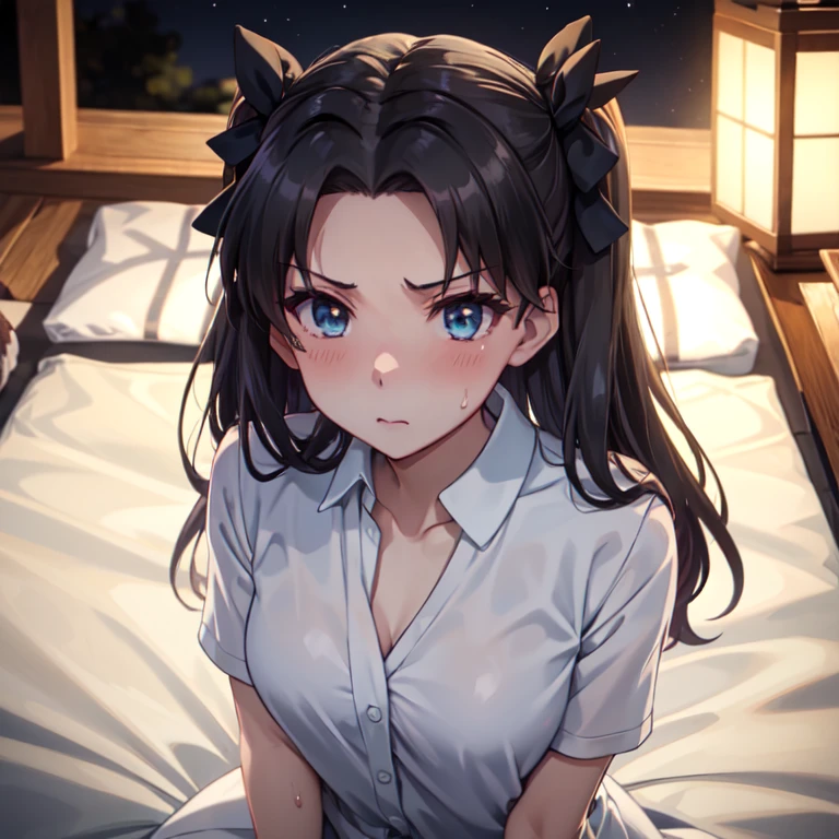 master piece,best quality,ultra detailed,8k,
ambient light,realistic skin,glossy skin,
（rin tohsaka, long hair, black hair, two side up, aqua eyes, bow, hair bow）、（naked towel）、（lie on bed）、（looking up）、（from above）、（the body is very wet：1.3）、shirt is unbuttoned、chest is transparent、glossy lips、Slightly emphasize the lower lip、blush、embarrassed expression、beautiful breasts、
fantastic night sky、full moon、horizon、open-air bath、Japanese inn