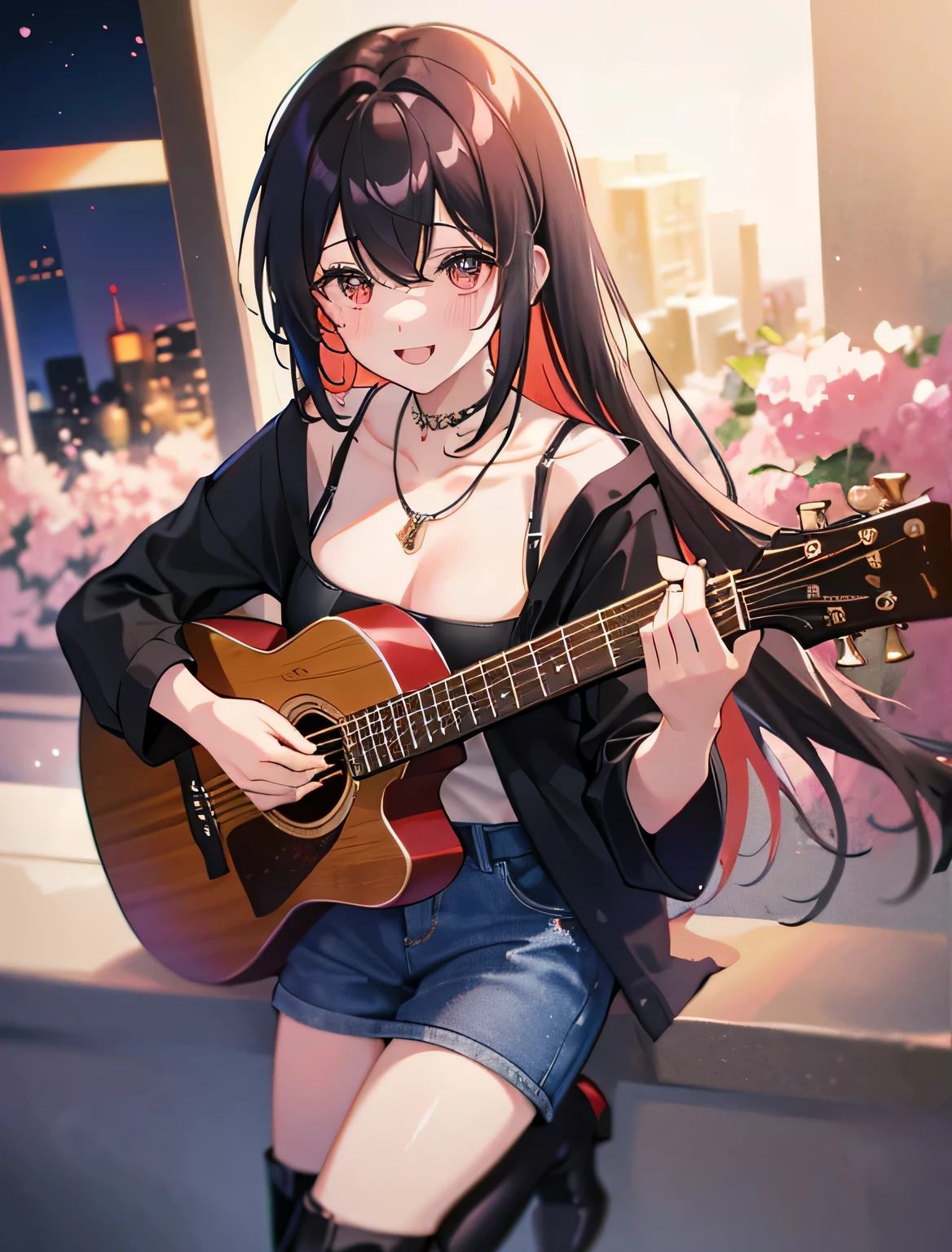 (Playing acoustic guitar)、night、Black hair with red Messi、a young girl，Dressed in sexy grunge jeans clothes，wear long boots，cherry blossoms、with necklace，cherry blossomsの下に座る，ultra high resolution