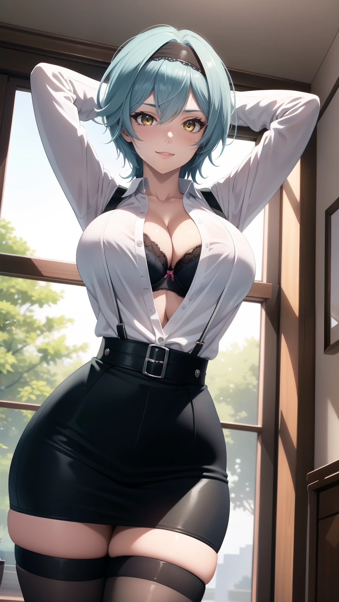 absurdres, highres, highly detailed, (official art, beautiful and aesthetic:1.2), ultra detail, beautiful face, ((mature face, mature body:1.3)), 1women, Eula, black hairband, blue hair, hair ornament, hairband, short hair, yellow eyes, blushing, loving smile, wide hips, thicc thighs, ((cleavage)), ((long sleeve unbuttoned white blouse:1.2)) with ((high waist black skirt)), ((black bra)), suspenders, ((black stockings)), ((seductive pose)), (indoor, large window), dynamic lighting, dynamic shadows, ((proportional body)), ((arms up, arms above head))