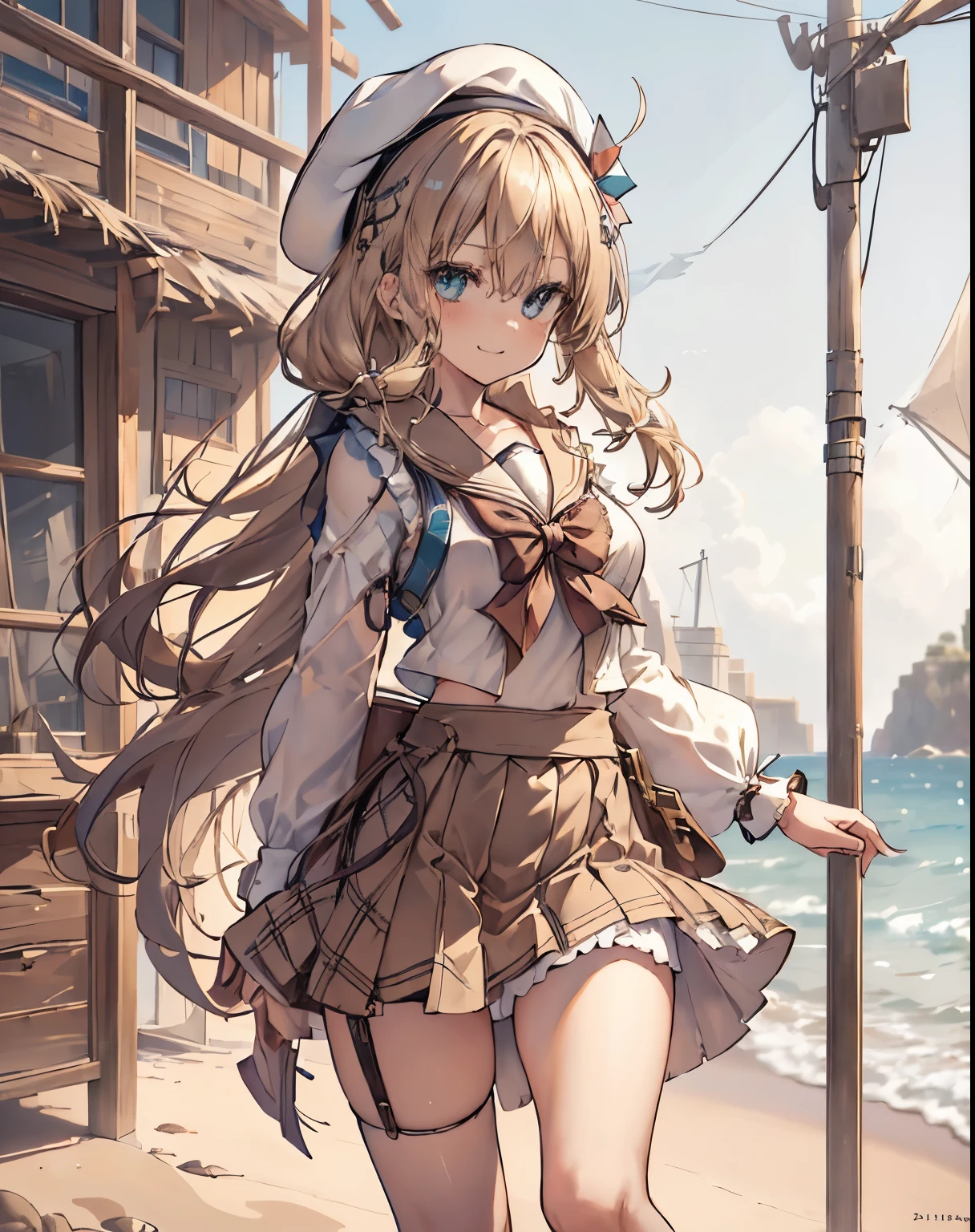 masterpiece, 1girl, sparrow, a blonde haired girl, wearing a white sailor clothes, curly long hair, messy hair, slim body, he close her left eye, shirt ornament, aqua eyes, sho show her back, ahoge, baby face, big breast, beautiful breasts, rounded breasts, braid hair, beret, long sleeves, beautiful eyes, white stocking, droopy eyes, miniskirt, brown skirt, plaid skirt, her age is 19 years old, beret, beach, bowtie, sailor collar, pleated skirt, evil smile, round_eyewear