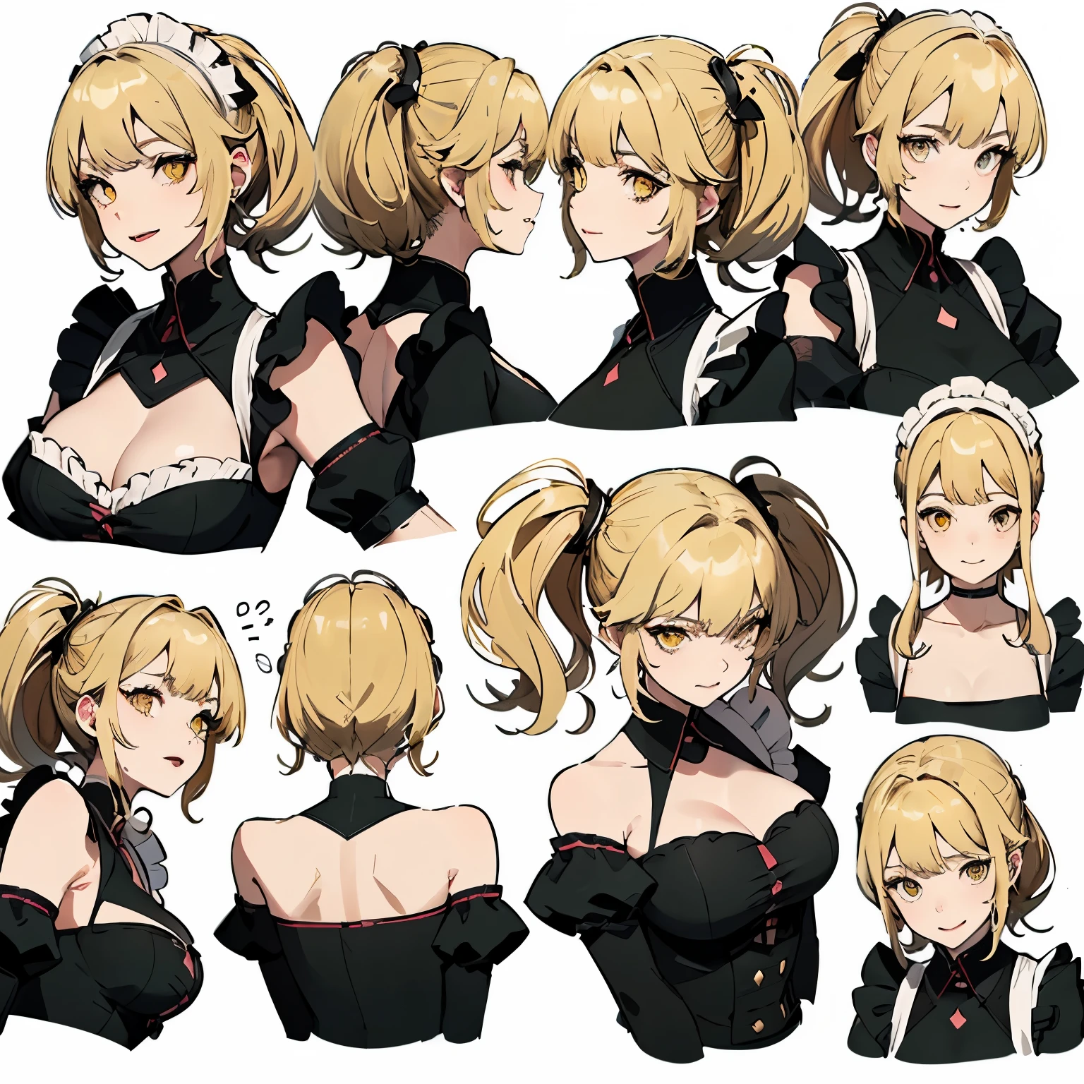 (masterpiece, 8K, highest quality, very detailed, 1 mature woman), (Consistent personality, same character), (blonde hair, yellow eyes), (very detailed顔と肌の質感, fine eyes), evil smile, big breasts, alone, (maid), white background, bare shoulders, enchanting smile, (multiple views, multiple angles), Side view, Front view, look up, look down, Rear view, 20-degree head view