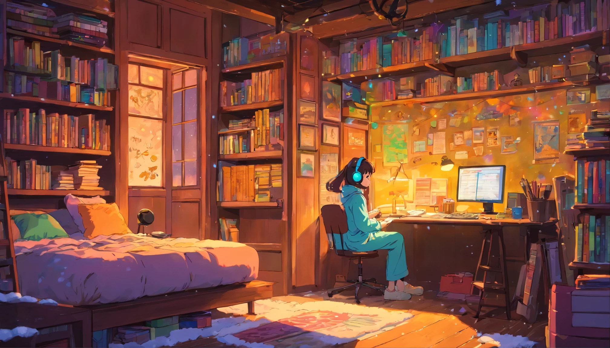 Anime girl studying in her room, dream, wearing headphones, too many books, bookshelf, night light, Neon landscape on a snowy day. analog color theme. lo-fi hip hop, retrospective flat. 2.5D. Draw a line, ink painting, Osaka road, watercolor painting, gouche color, studio ghibli style, So colorful, Outerton, Krautlock, Lofiato, 70s style, old texture, amplitude, Psychedelic atmosphere, masterpiece, amazing technology.