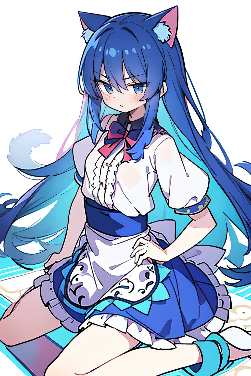 (masterpiece),best quality, expressive eyes, perfect face, 1girl,
Put your hands on your waist,fair, Gorgeous,Japanese cartoons,girl,lola,Hina Angel, blue hair, blue haired, floating clothes,Grab your waist, Grab your waist, hands on hips , hands on hips,sit, sit on ground, Legs on the ground, flat chest,cat ears,dark blue eyes,