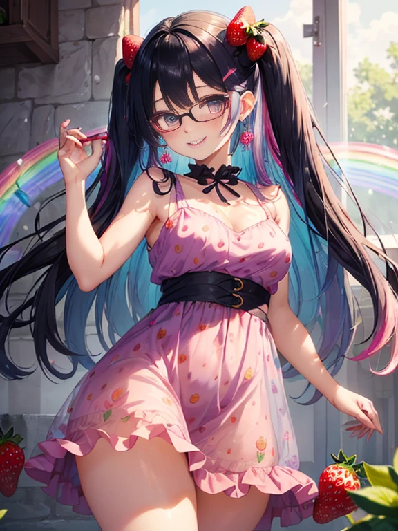 小さなgirl、Glasses、petal、thick thighs、big ass、 (alone:1.5,)Super detailed,bright colors, very beautiful detailed anime face and eyes, look straight, shiny_skin,girl,(((long hair、rainbow colored hair, colorful hair, Half black、half pink hair: 1.2))) 、forehead is exposed.、shiny hair, delicate beautiful face, blush、(turquoise eyes), White skin, Valletta, earrings,、blue flower field、(((See-through、Strawberry print pink ruffle dress、purple mini skirt)))、twin tails、smile、smile、Face dyed red