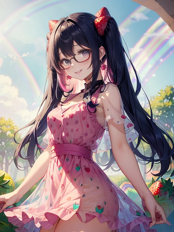 小さなgirl、Glasses、petal、thick thighs、big ass、 (alone:1.5,)Super detailed,bright colors, very beautiful detailed anime face and eyes, look straight, shiny_skin,girl,(((long hair、rainbow colored hair, colorful hair, Half black、half pink hair: 1.2))) 、forehead is exposed.、shiny hair, delicate beautiful face, blush、(turquoise eyes), White skin, Valletta, earrings,、blue flower field、(((See-through、Strawberry print pink ruffle dress、purple mini skirt)))、twin tails、smile、smile、Face dyed red