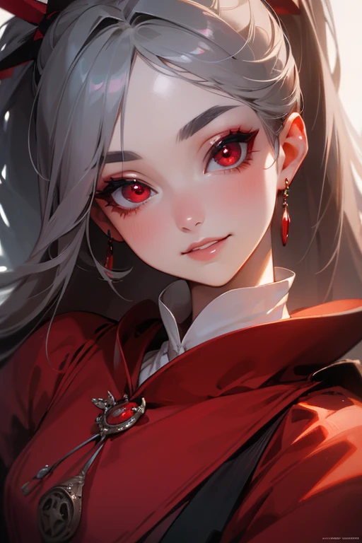 (highest quality, masterpiece:1.2), High resolution, Super detailed, realistic:1.37, fantasy, An illustration,gray hair、 red eyes、 Queen, red dress、Platinum decoration、beautifully、Eyeshadow Red、dark eyebrows、long eyelashes、pupils are black、shiny on the lips、Top site、Queen、Princess、ponytail、gentle smile、Show your teeth a little and smile、soft expression、