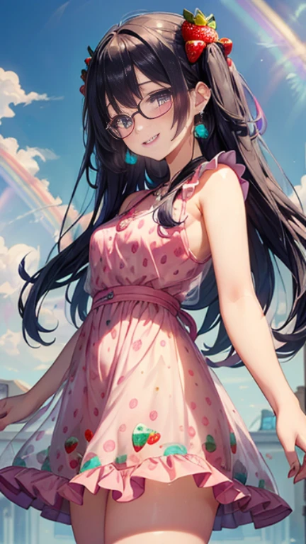 小さなgirl、Glasses、petal、thick thighs、big ass、 (alone:1.5,)Super detailed,bright colors, very beautiful detailed anime face and eyes, look straight, shiny_skin,girl,(((long hair、rainbow colored hair, colorful hair, Half black、half pink hair: 1.2)))  、forehead is exposed.、shiny hair, delicate beautiful face, blush、(turquoise eyes), White skin, Valletta, earrings,、blue flower field、(((See-through、Strawberry print pink ruffle dress、purple mini skirt)))、twin tails、smile、smile、Face dyed red