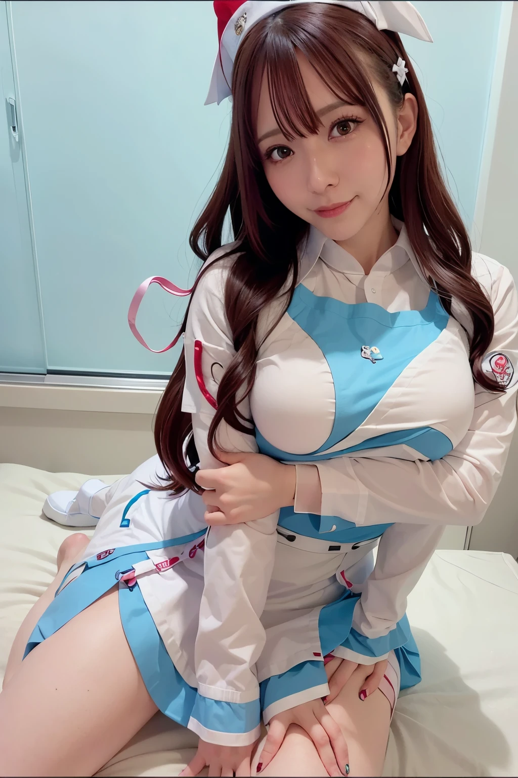 AlaFed woman in uniform posing on a bed, angela white, cosplay, nurse girl, money, sakimichan, anime girl cosplay, gorgeous maid, Trending on cgstation, anime cosplay, very beautiful cute cat girl, Alien robot naughty nurse, better known as money, asian girl, japanese goddess, naughty smile