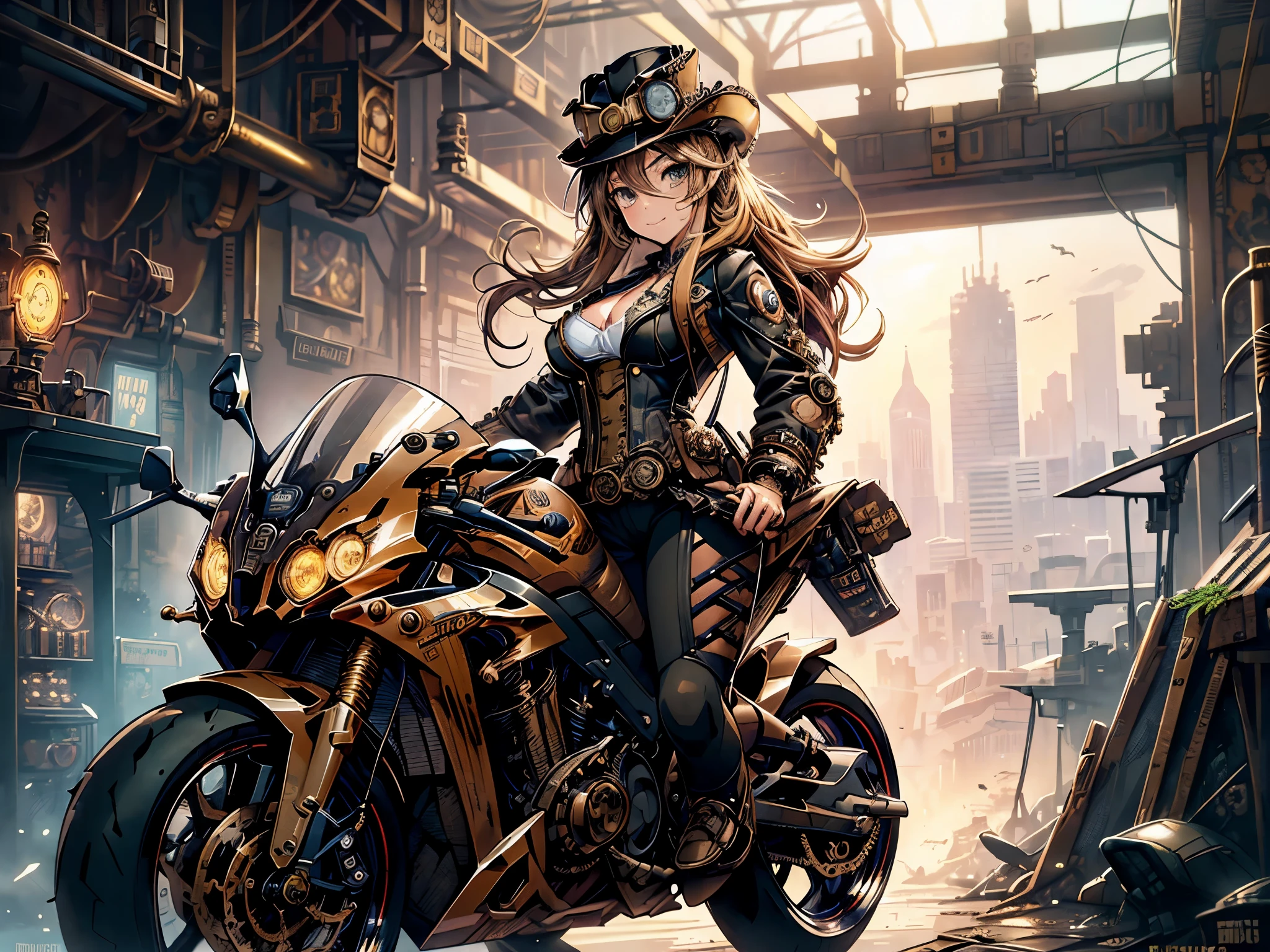 (comic book style),(line drawing_anime),(cowboy shot, highest quality, ),(Laura Budd Photos:1.2),(Laura Add Details:1.0),8K, flat color:0.8,dynamic angle,1 girl,smile、(On a steampunk motorcycle:1.5)、An elaborately decorated motorcycle、(Highly decorative and complex mechanical steampunk fashion, lace flare dolphin hat、goggles 1.5、machinery background、Gear background、Intricately mechanized steampunk cityscape 1.5),