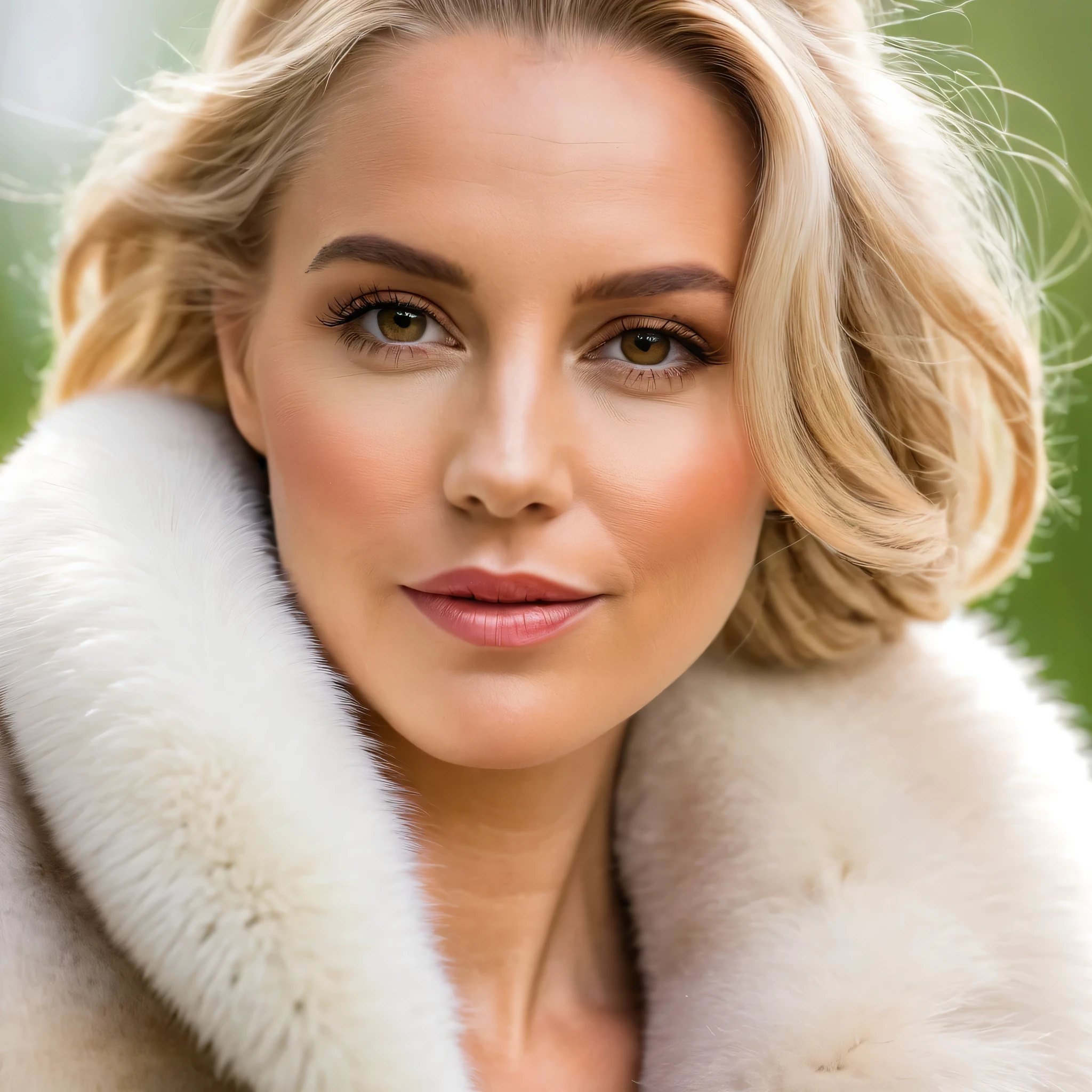A very wide and very thick, very short white mink fur coat, fifty centimeters thick, duveteux, naturel, with an ultra thick white and sand mink fur collar, three layers, best quality,4k,8K,high resolution,masterpiece:1.2),Ultra-detailed,(Realistic,photoRealistic,photo-Realistic:1.37), full view of stunning woman , scandinave, 35 ans,joufflu, "Ingrid Mueller" (tresses de cheveux blond clair), Forêt de bouleaux, natural lighting, ombres douces,palette de couleurs vertes, relaxed expression, braided hair,, doux sourire, atmosphère paisible, feuilles de printemps,beaux-arts,gros plan du visage et du haut du corps, , corps naturel, pose naturelle, Vent subtil soufflant, high resolution,detailed eyes, joues roses, attitude joyeuse