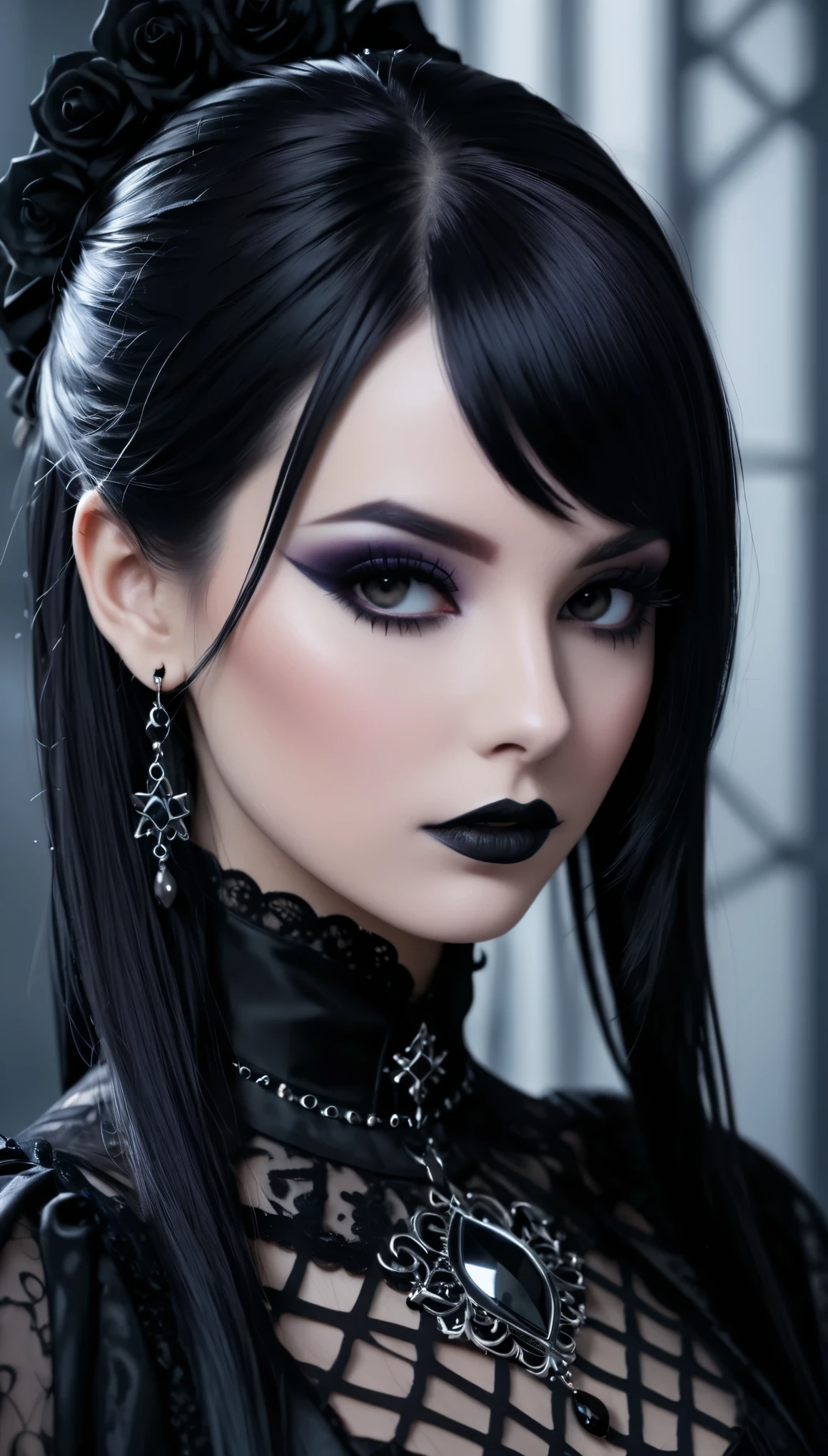 closeup portrait photo of beautiful goth woman, makeup, 8k uhd, high quality, dramatic, cinematic