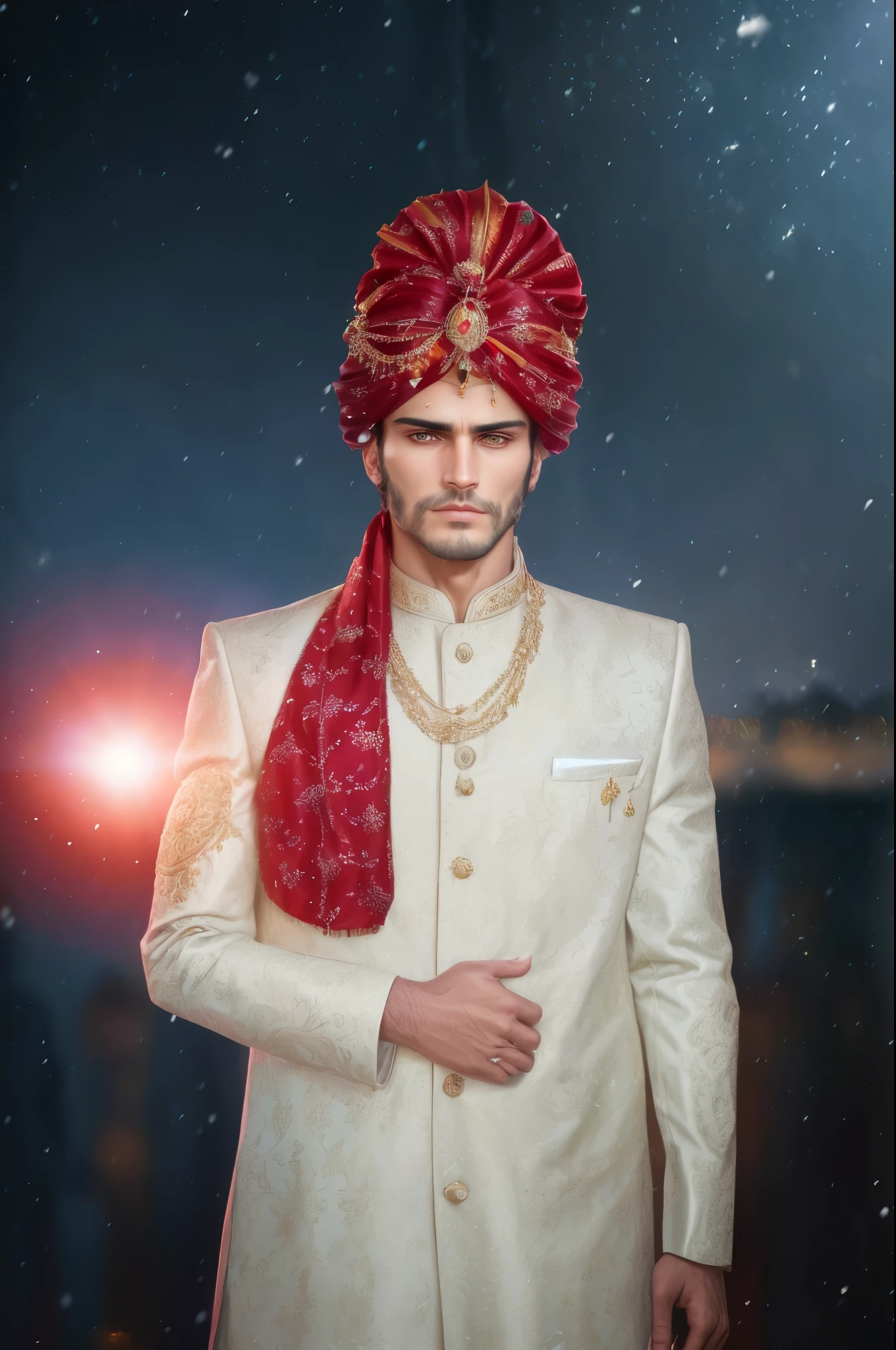 Front view symmetric portrait photo of a tall, stoic, stern::1, handsome man, wearing a long black ornate indian sherwani::3 suit, in a bright::2 opulent ballroom. Vivid yellow::2, amber, and blue bokeh::3 background. Full frame 85mm f/1.4 lens. Snowfall, winter, sunrise