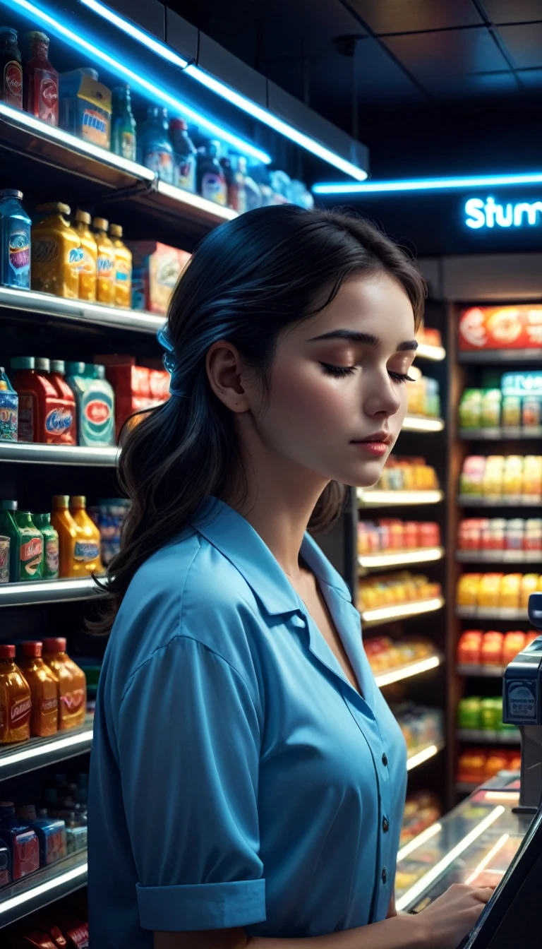 best quality,4k,highres,masterpiece:1.2,ultra-detailed,realistic, woman, medium close up, portrait, midnight convenience store, sleeping tired young cashier on cash register,  her head resting on her hand,t ired face, snoozing, lighting:soft rays from the ceiling lights,illuminating the area around the cashier,subtle shadows cast by the shelves,glowing neon signs,cold blue tint,creating a serene atmosphere