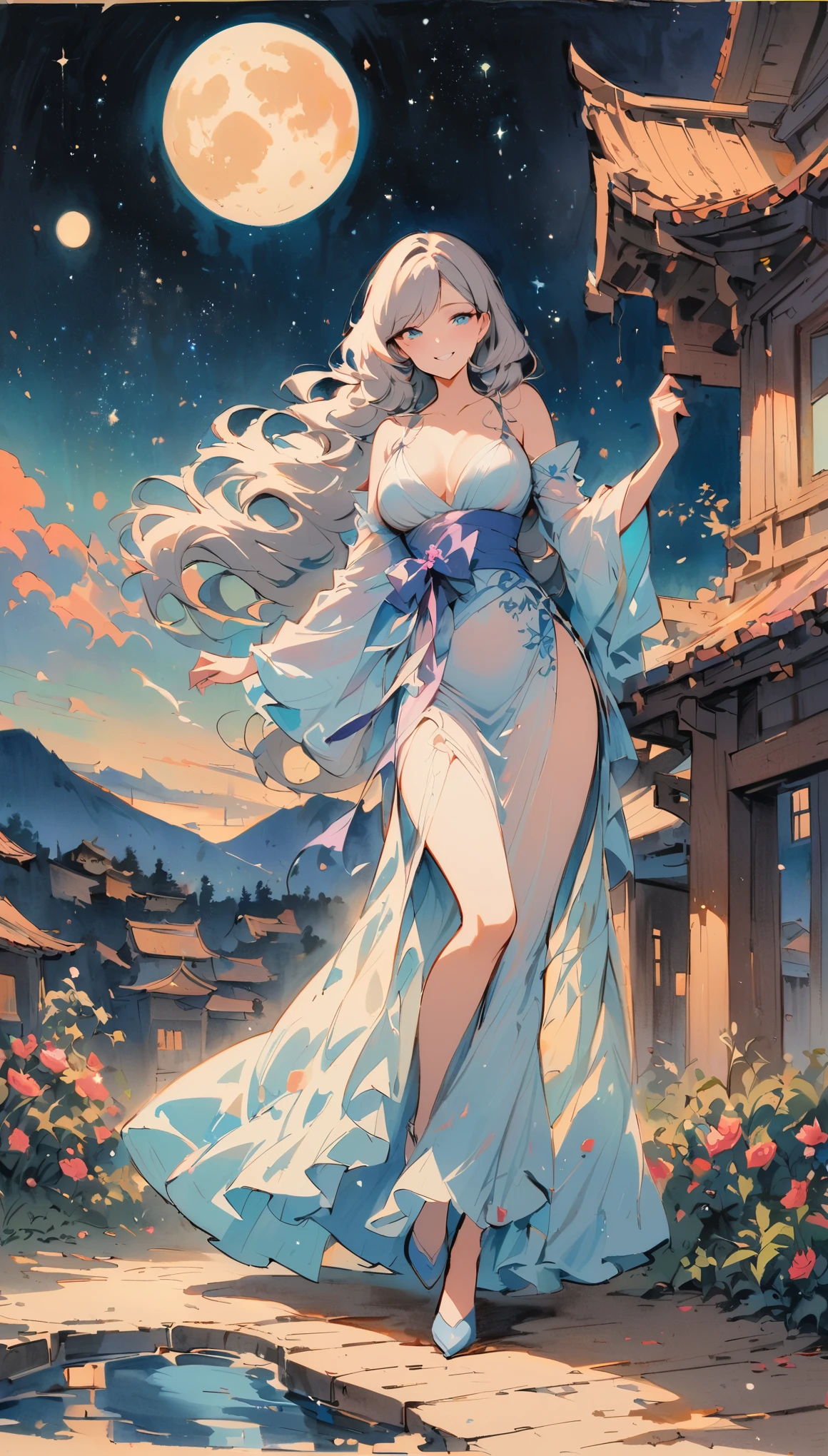 masterpiece,(best quality: 1.2),illustration,vintage movie,Moonlight Landscape,Goddess in Hanfu,white hair,blue eyes,long hair,Naughty expression,Peaceful nature,traditional media,Mysterious and sexy,Stepping on the bluestone,The scenery is more hazy and beautiful,Dancing in the moonlight,Playful and cute,Beautiful landscape painting,Smile,Moving,Full of poetry,Intoxicating,Inextricable,starry sky,(light particles: 1.1),traditional media,sketch,Blooming roses