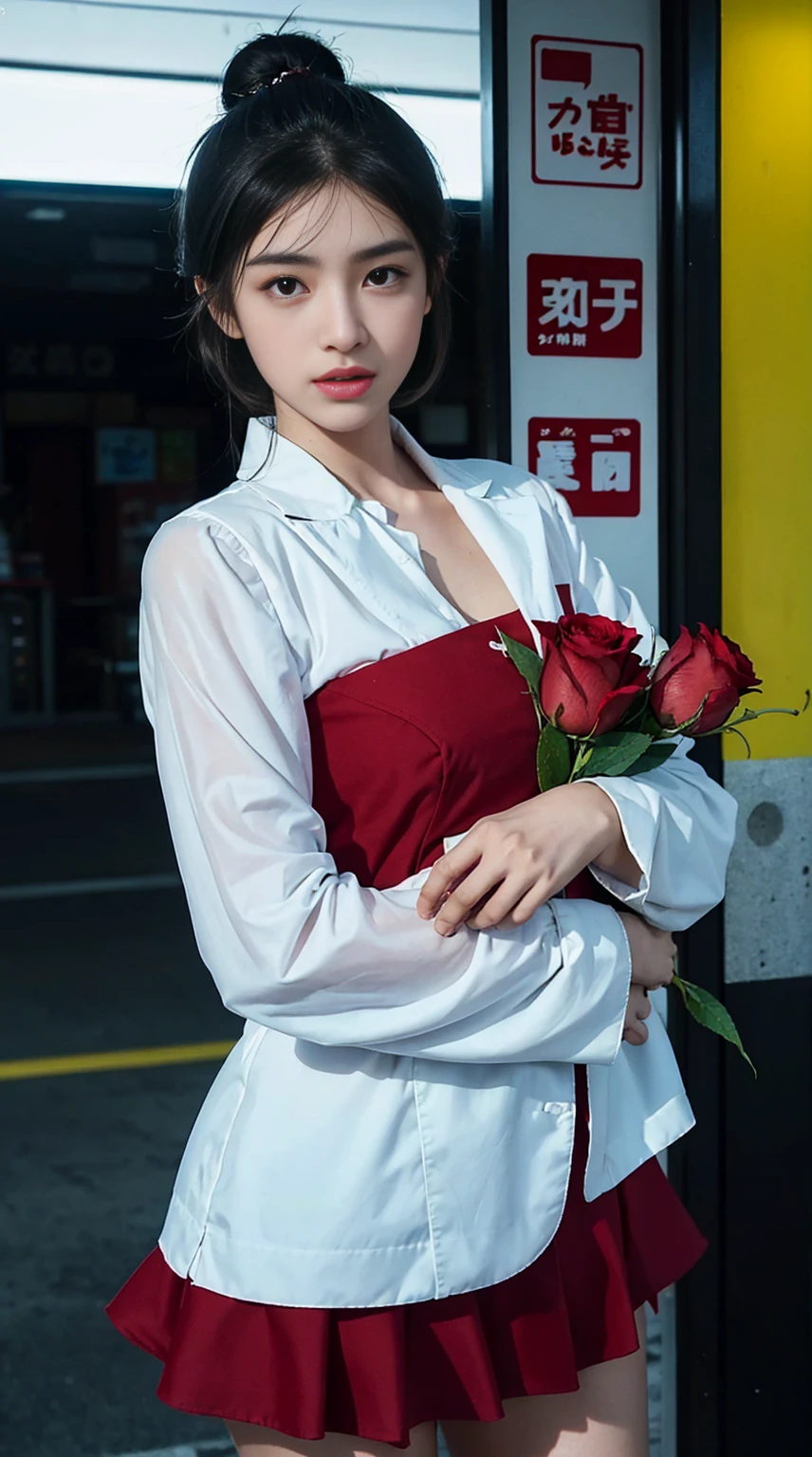 Japan,midnight,convenience store,Brownish-black hair, black eyes, White skin, Oval face, Generous facial features, High, Confident and powerful, Tone and fullness, high school girls, bikini, bun hair, bun, With hairpin, Red rose, blue butterfly, White Rabbit, Card, official quality, mystery, light and shadow, Correct proportions, aesthetics, atmosphere,