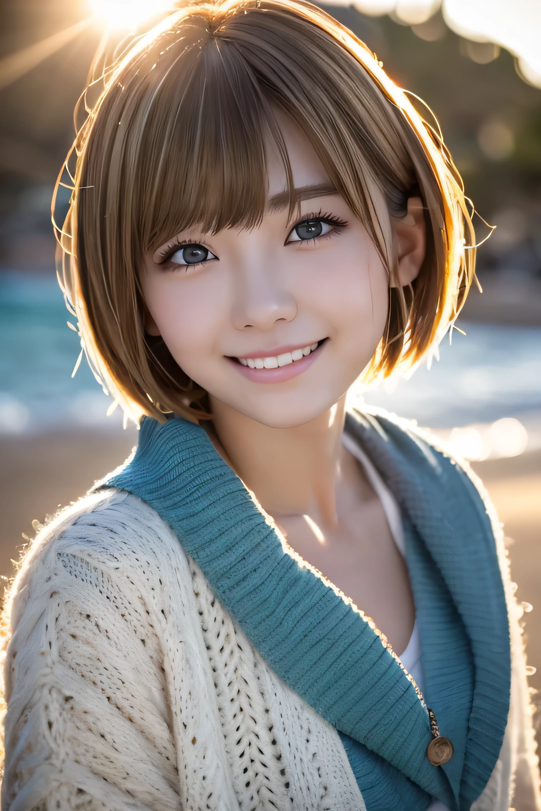 ((No makeup、close your mouth:1.2))、(realistic、Photoreal、super detailed、best detailed skins、highest quality、masterpiece、超A high resolution)、cute russian woman、17 years old、high school girl、young girl、1 girl、have bangs、ash blonde:1.7、double eyelid、drooling eyes、Japanese style face、purity、double teeth、realistic skin type、(I cut my hair short、Shaggy cut cardigan that bounces outwards:1.2).fluffy hair、red cheeks、Lighting from behind、I went to the beach in the middle of winter lol Waikiki Beach in Hawaii、In a gingham checked bikini、With a smile、((Lens flare:1.3))、Because I come from a snowy country、It's so hot www?It's time to take it off?