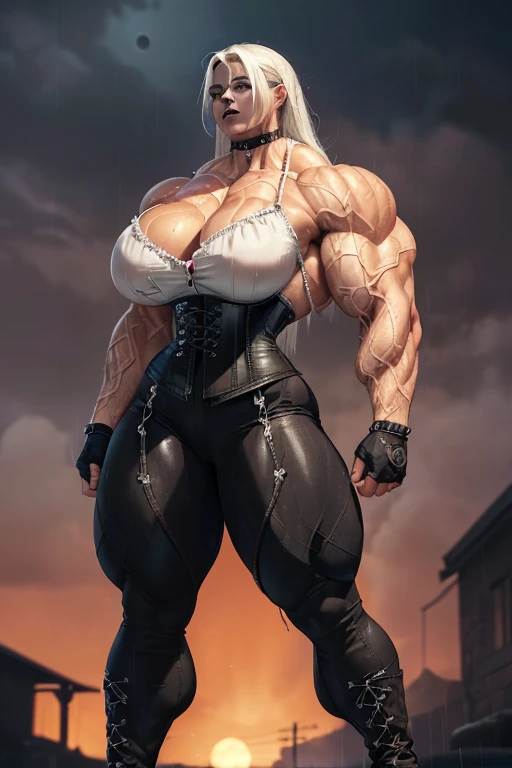 ((((Massive, tall, beautiful, buff, wet, light brown skinned muscular woman with white hair, black lipstick, ginormous bulky muscles, wearing a black gothic corset with gothic pants)))), (red background), close view, (massive muscles), massive biceps, hyper muscle shoulders, hyper muscle triceps, (long hair), glowing blue eyes, choker, (chain belt), black spiked boots, (fingerless gloves), (in a raining dark island), confident smirk, night, red moon, (red skies), hyper vascular arm, hyper muscles arms, hyper muscle legs, (ginormous arms).