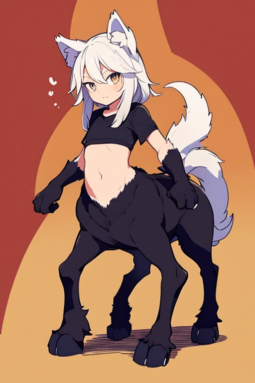 wolf girl、adult、2 Men Arms、Four wolf legs、quadrupedal walking、delicate、delicate face、wolf ears、Silvery white hair and body hair、flat chest、T-shirt、(exposure of the abdomen)、sharp eyes、Super high quality