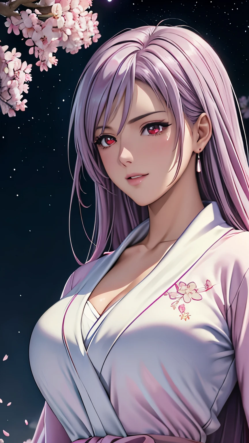 red eyes, (highest quality, masterpiece painting:1.3), immature woman, , (half body shot), masterpiece, ultra high resolution, (Photoreal:1.0), light purple hair,straight hair, beautiful shining hair, white and shining skin, ((Ultra realistic details)), octane rendering, highly detailed face, (big breasts:0.8), (make a heart with hands),((Translucent white robe), (pink feather robe,Layering), White cherry blossom embroidery pattern, silver earrings,(milky way galaxy), Hair flutters under the influence of the wind, Japanese garden with beautiful cherry blossoms at night, Mysterious night sky, Beautiful Landscapes, sharp focus, intricate details, professional artwork, (bright colors:1.1), bright colors, diffused lighting, digital blending, ultra-definition body, ultra detail hair, super detailed face, that'It's trending on pixiv, top button open, Cute gaze, compensate, perfect lips, perfect compensate, Ultra-precision coating, (light_smile:0.8), (Very embarrassed:1.2), blush your nose,