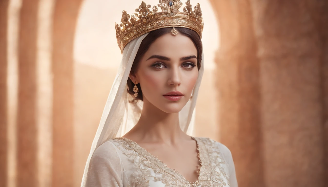Arabian woman in a white dress with a crown on her head, Digital art inspired by Oleg Oprisko, cgsociety contest winner, Rococo, Fantastic still images, White skin like porcelain, lots of merlot, amazing young graceful person, mysterious beauty, Incredibly fantastic, fantastic fairy tale, ivory white skin, Moth Crown, fantastic fantasy