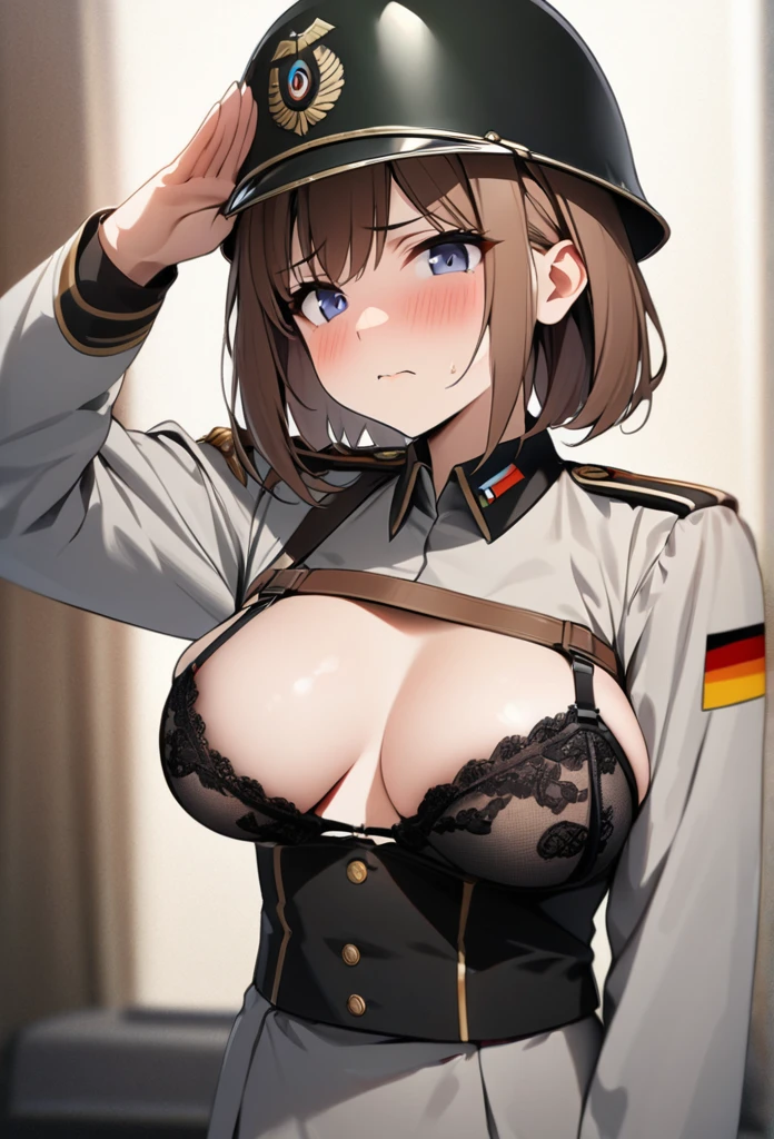 High quality, high definition images, full HD、8k.1 girl solo.old german military uniform,short hair,Chestnut hair.Carrying a rifle on his shoulder, Wearing a German military helmet、salute,show your bra,Looks embarrassing,