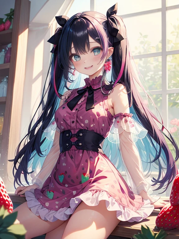 小さなgirl、Glasses、petal、thick thighs、big ass、 (alone:1.5,)Super detailed,bright colors, very beautiful detailed anime face and eyes, look straight, shiny_skin,girl,(((long hair、ribbon、rainbow colored hair, colorful hair, Half black、half pink hair: 1.2)))  、forehead is exposed.、shiny hair, delicate beautiful face, blush、(turquoise eyes), White skin, Valletta, earrings,、blue flower field、(((See-through、Strawberry print pink ruffle dress、purple mini skirt)))、twin tails、smile、smile、Face dyed red