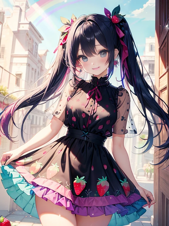 小さなgirl、Glasses、petal、thick thighs、big ass、 (alone:1.5,)Super detailed,bright colors, very beautiful detailed anime face and eyes, look straight, shiny_skin,girl,(((long hair、ribbon、rainbow colored hair, colorful hair, Half black、half pink hair: 1.2)))  、forehead is exposed.、shiny hair, delicate beautiful face, blush、(turquoise eyes), White skin, Valletta, earrings,、blue flower field、(((See-through、Strawberry print pink ruffle dress、purple mini skirt)))、twin tails、smile、smile、Face dyed red