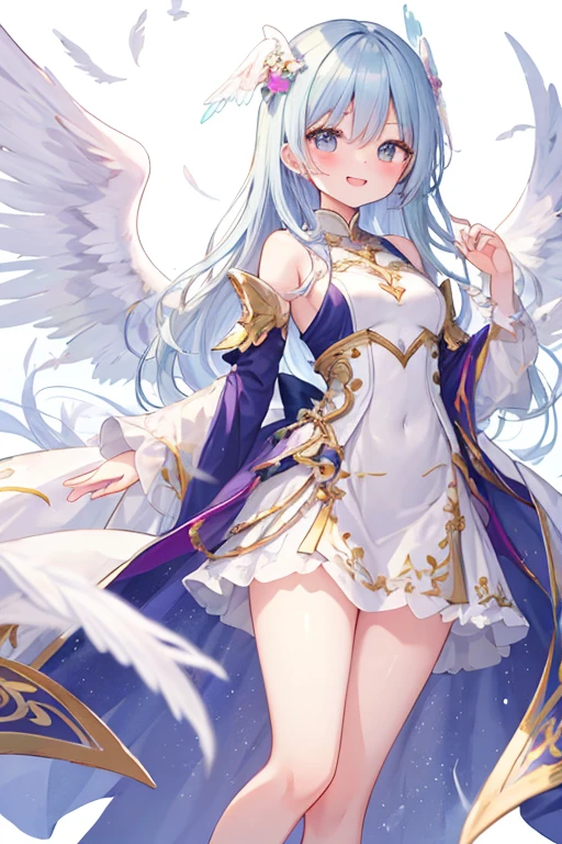 beautiful illustrations, highest quality, pretty girl,beautiful girl、clear face、 half girl、pastel colour 、blush、perfect hands、five fingers、fantasy、fantasy、thighs、(perfect face:1.1), smile、Angel、Light、white wings、wings on the back