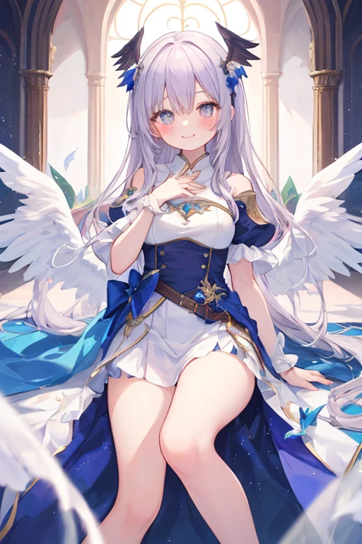beautiful illustrations, highest quality, pretty girl,beautiful girl、clear face、 half girl、pastel colour 、blush、perfect hands、five fingers、fantasy、fantasy、thighs、(perfect face:1.1), smile、Angel、Light、white wings、wings on the back