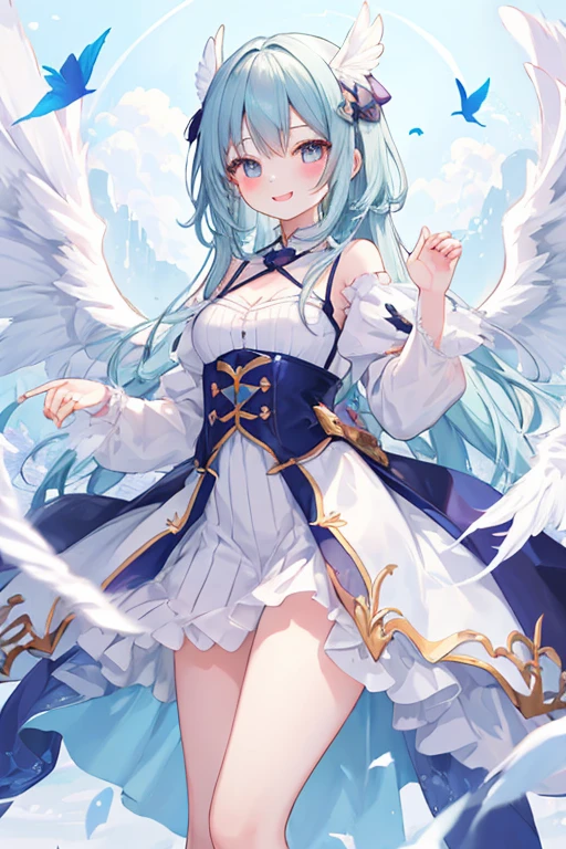 beautiful illustrations, highest quality, pretty girl,beautiful girl、clear face、 half girl、pastel colour 、blush、perfect hands、five fingers、fantasy、fantasy、thighs、(perfect face:1.1), smile、Angel、Light、white wings、wings on the back
