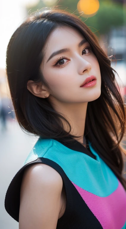 Master piace, Trendy woman, fashionable attire, vibrant colors, dynamic pose, ambient light, expressive facial details, stylish accessories, bokeh background, high resolution, love eyes