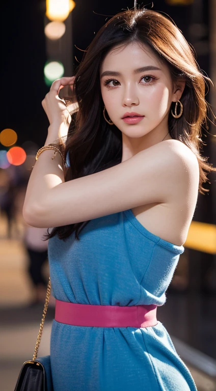 Master piace, Trendy woman, fashionable attire, vibrant colors, dynamic pose, ambient light, expressive facial details, stylish accessories, bokeh background, high resolution, love eyes