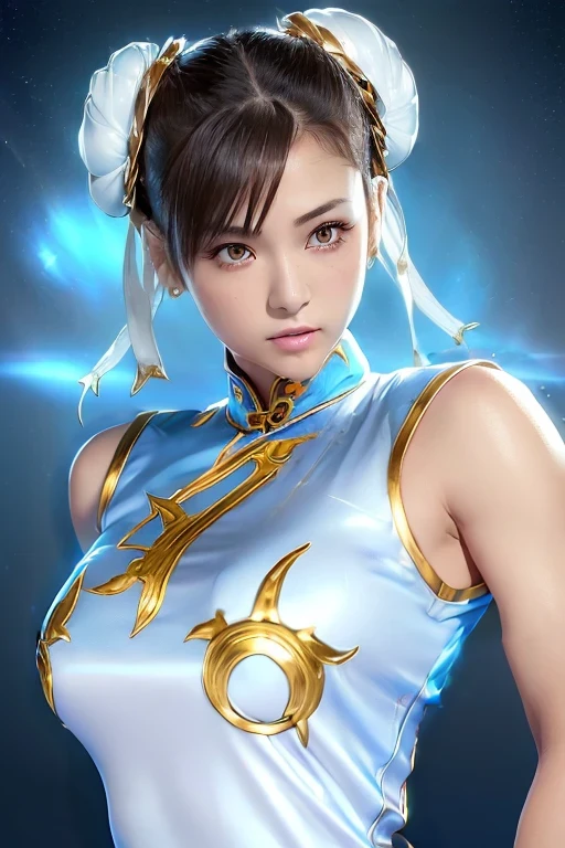 ( Chun-Li in Fight II, perfect chun li costume,blue cheongsam with gold lines:1.2),