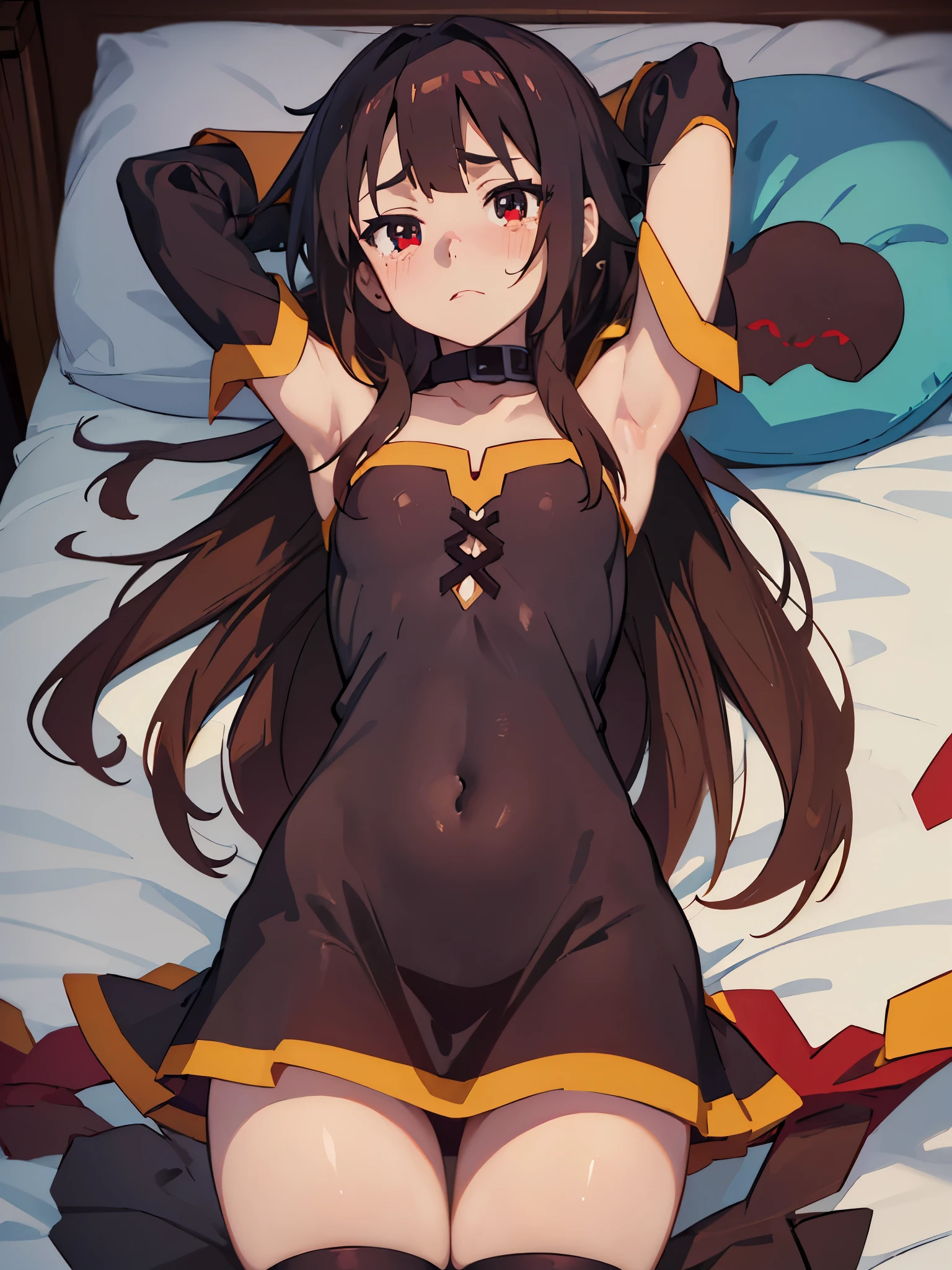 best picture quality, 8K, high quality, masterpiece:1.2), ((masterpiece)), (high detail, high quality, best picture quality), bokeh, DOF, Portrait, (cute illustration:1.2), (konosuba, megumin),(megumin hair style), (nsfw:1.2), in bedroom, lying on bed, (perfectly balanced anatomy), sleeveless, detached sleeve, both arms behind head, armpits:1.3), nude, sexy lingerie, spread legs, detailed eyes, cute round face, embarrassed, crying hard, seducing by showing her armpits, (close-up shot:1.3),