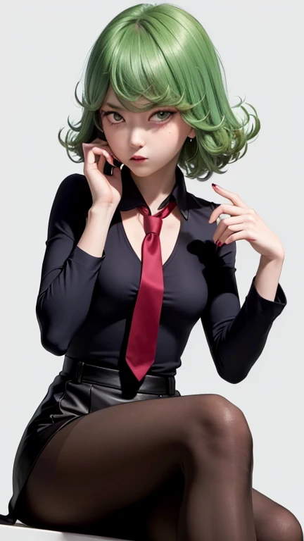 (masterpiece, best quality:1.2), solo, 1girl, tatsumaki, unamused, closed mouth, looking at viewer, hand on own face, sitting, crossed legs, collared shirt, necktie, skirt, pantyhose