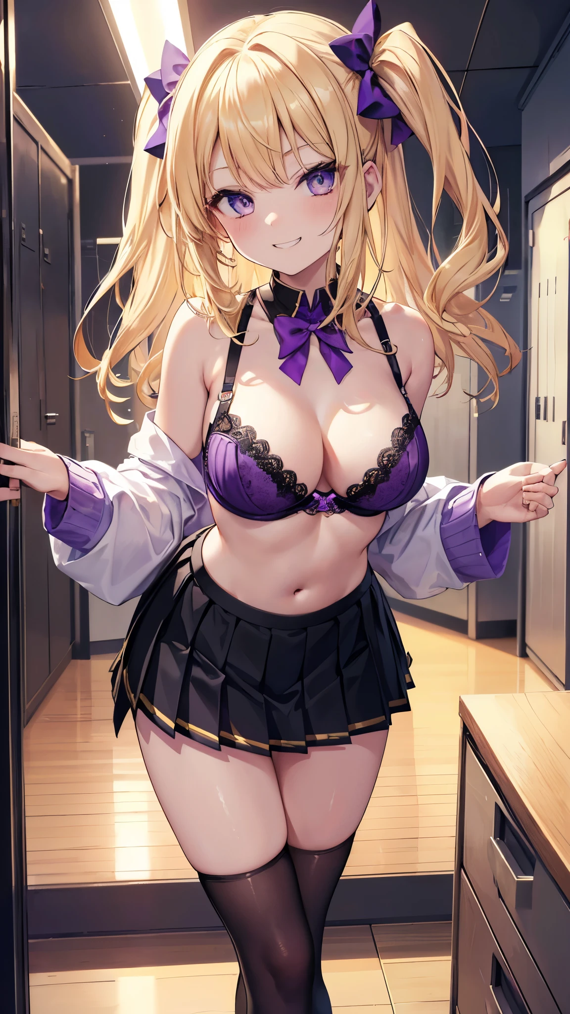 (8K、Highest image quality、highest quality、masterpiece)、detailed face、1 girl、blonde、((two side up))、golden eyes、evil smile、((grin))、Moderate chest、((purple bra))、((black pleated skirt))、black socks、((bent over))、locker room background