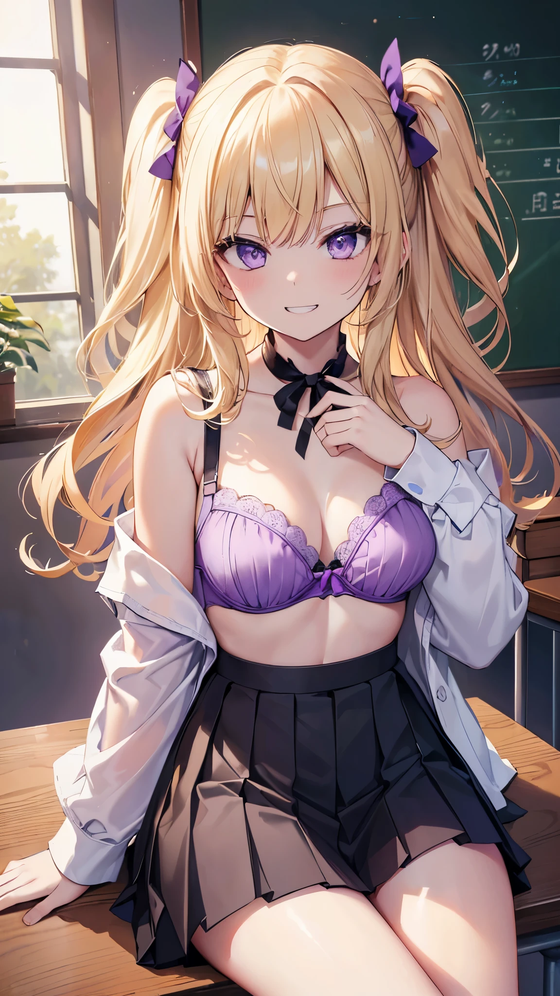 (8K、Highest image quality、highest quality、masterpiece)、detailed face、1 girl、blonde、((two side up))、golden eyes、evil smile、((grin))、Moderate chest、((white shirt))、off shoulder、((purple bra))、((black pleated skirt))、cowboy shot、sit at desk、classroom background