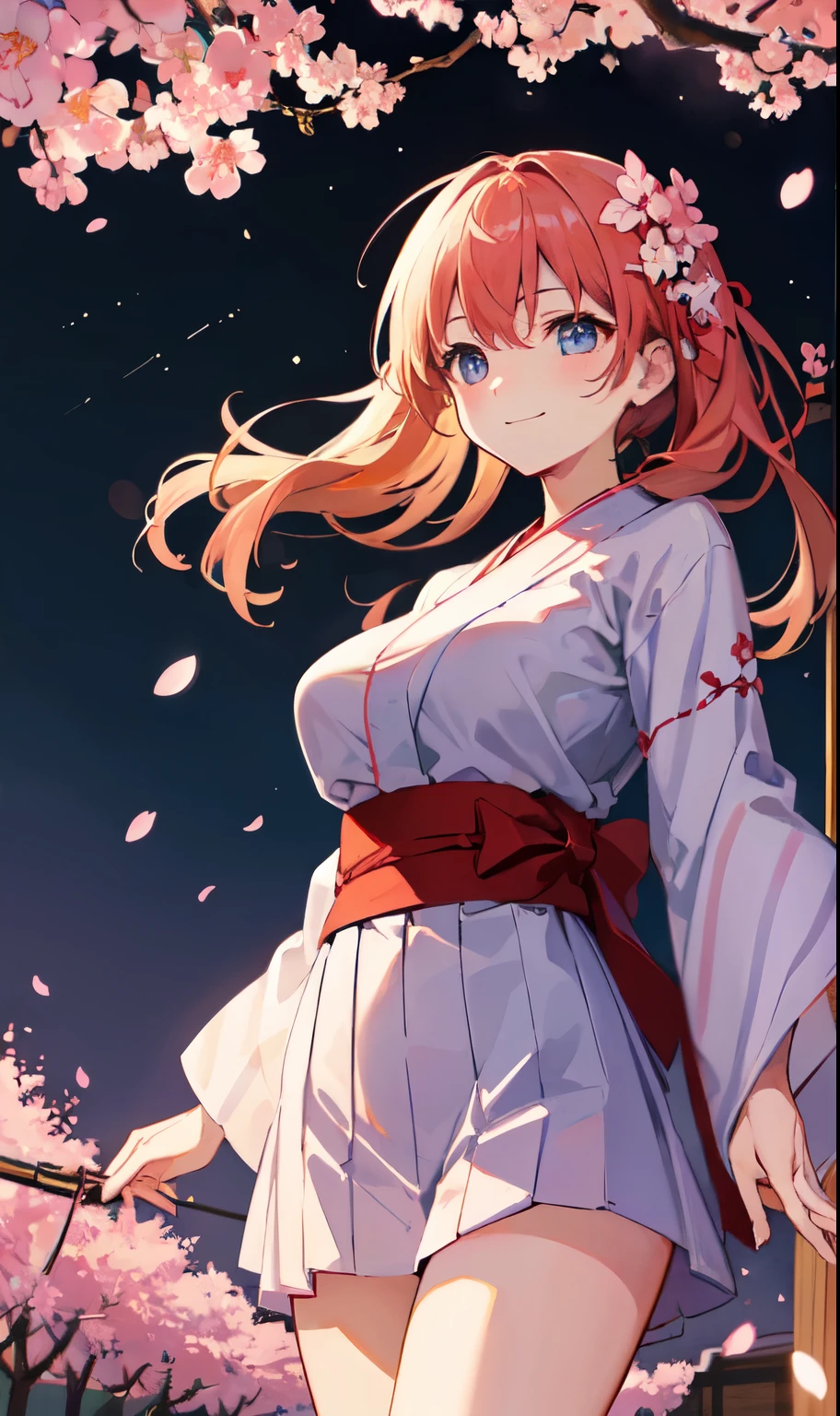 (highest quality, HDR, masterpiece, 8K, super detailed:1.2), cinematic angle, shine, shiny skin, Backlight, particles of light,
outdoor, night、cherry blossoms、cherry blossoms並木、nightcherry blossoms、night空
1女性, alone, cowboy shot, big breasts、yukata、smile, blush, from below, floating hair, Wind