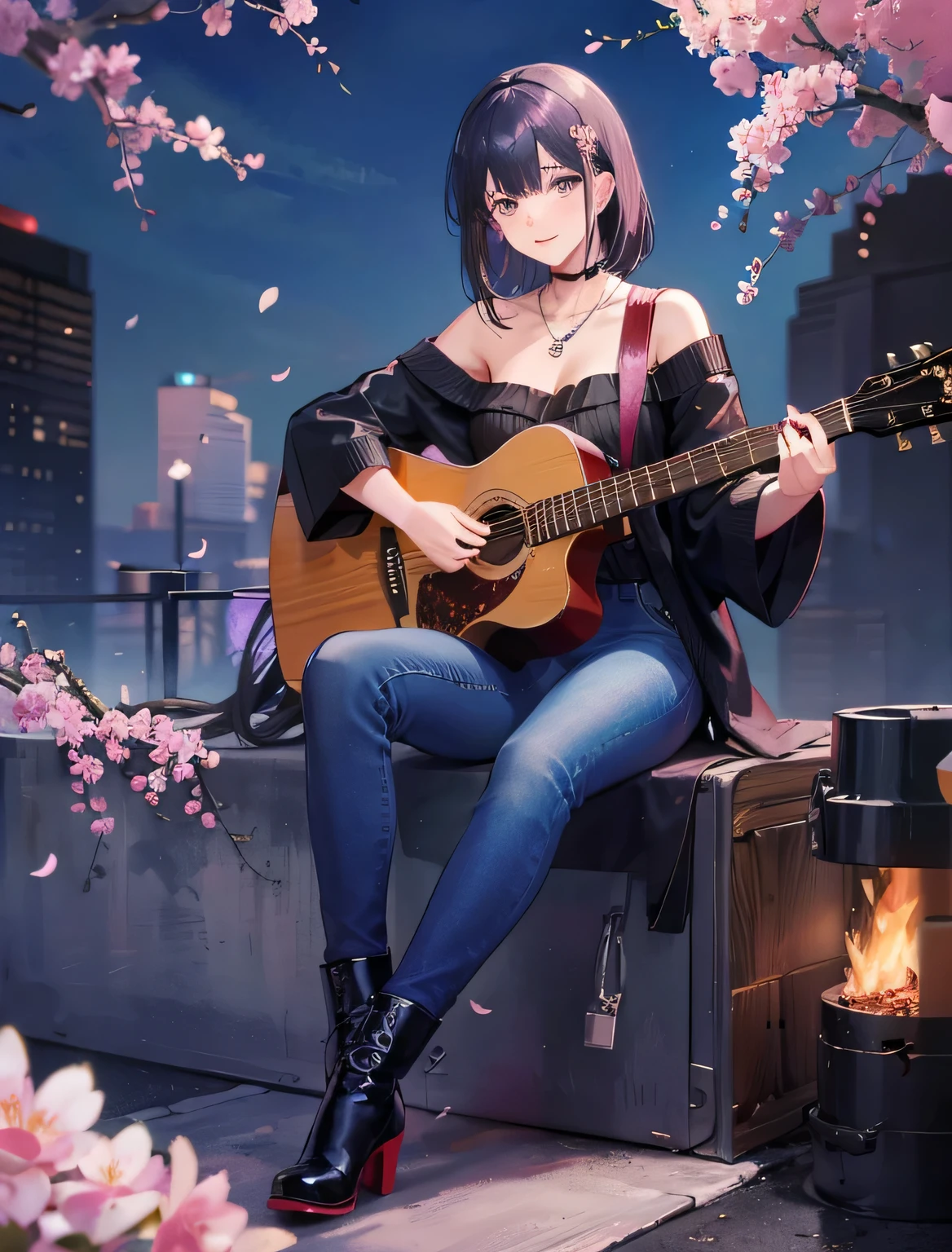 (Playing acoustic guitar)、night、Black hair with red Messi、a young girl，Dressed in sexy grunge jeans clothes，wear long boots，cherry blossoms、with necklace，cherry blossomsの下に座る，ultra high resolution