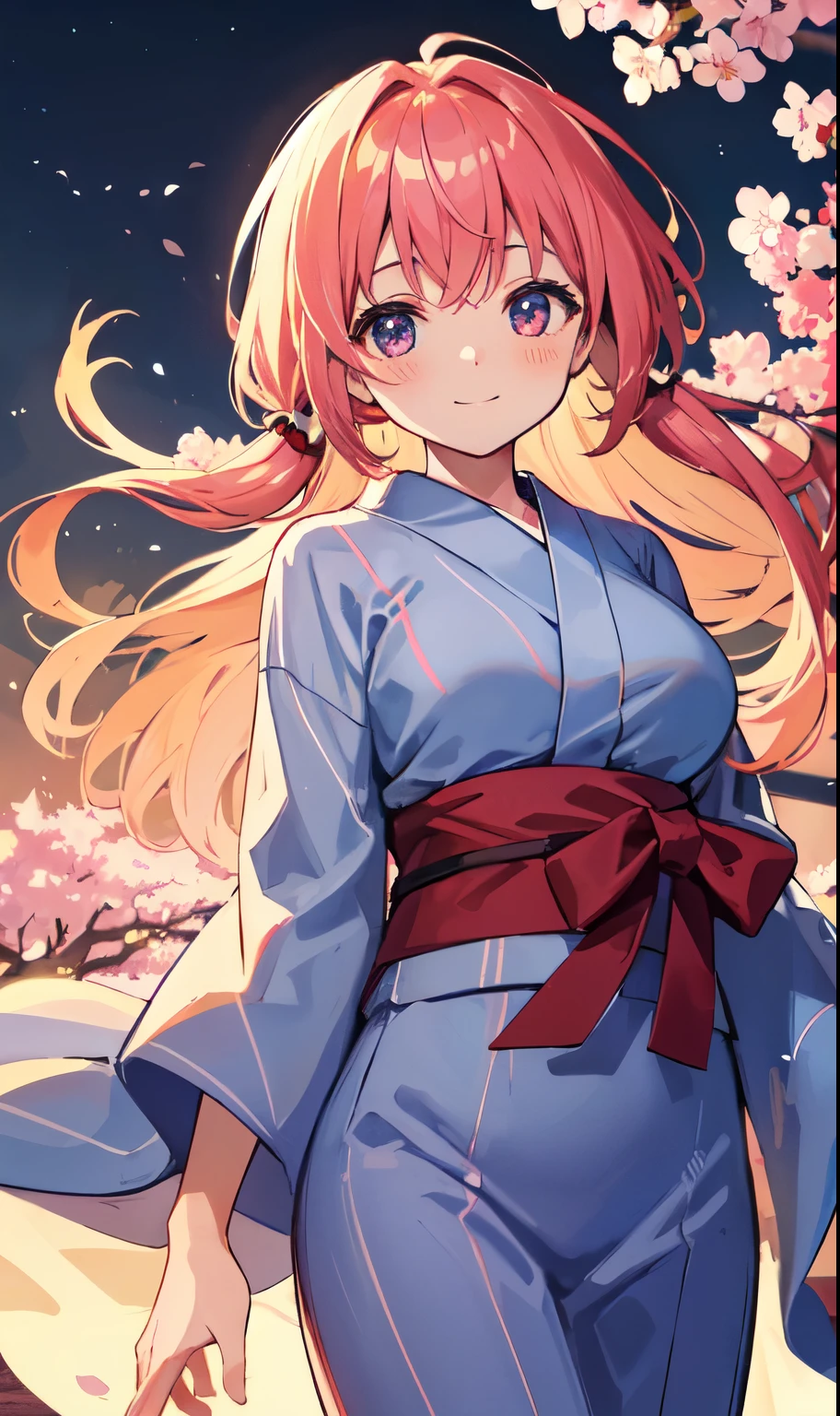 (highest quality, HDR, masterpiece, 8K, super detailed:1.2), cinematic angle, shine, shiny skin, Backlight, particles of light,
outdoor, night、cherry blossoms、cherry blossoms並木、nightcherry blossoms、night空
1女性, alone, cowboy shot, big breasts、yukata、smile, blush, from below, floating hair, Wind