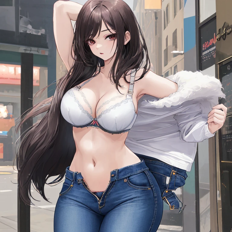 woman wearing unzipped jeans and bra