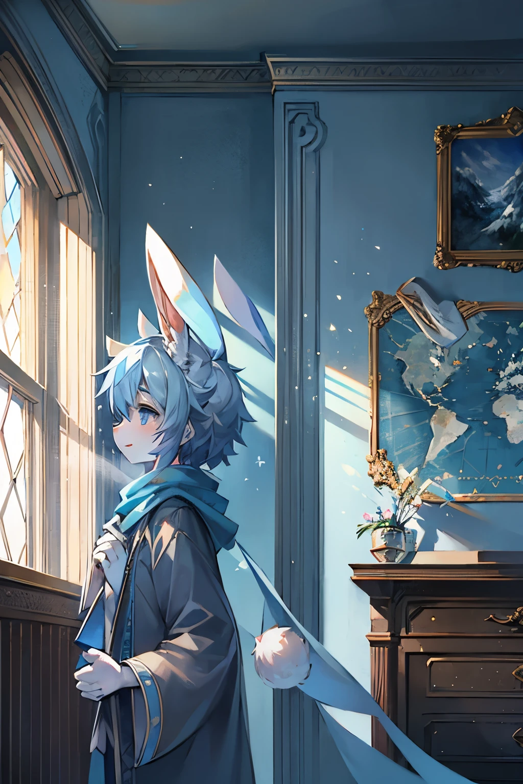 a white rabbit,Shota,blue robe,snow,clear blue sky,long bunny ears,Crystal pupil,Long blue scarf,Gorgeous background,gorgeous robe,look out the window,Sunlight,gift box,cool color,The map hangs on the wall,bookcase,Holding a letter in his hand,read a letter,sky blue wall,Sky blue wallpaper,World map,Hand holding a piece of paper,Sunlight,look out the window,Rabbit ears,There is light in the eyes,happy